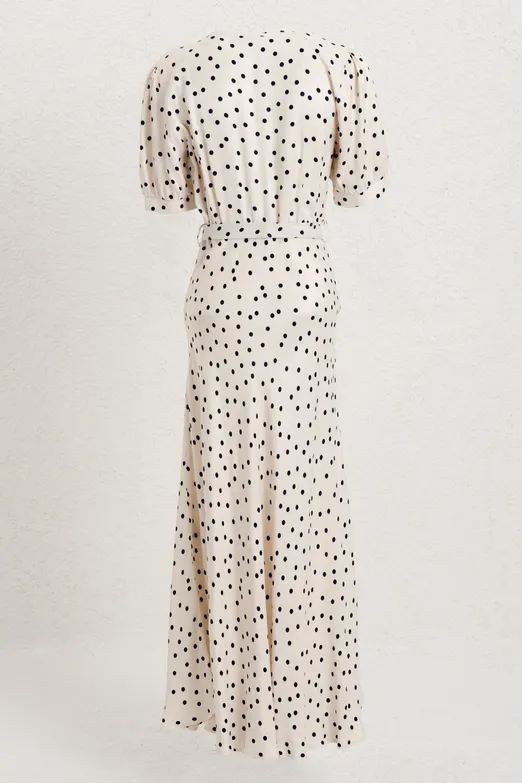 Bayan Ekru Volanlı Saten Midi Elbise - BSL