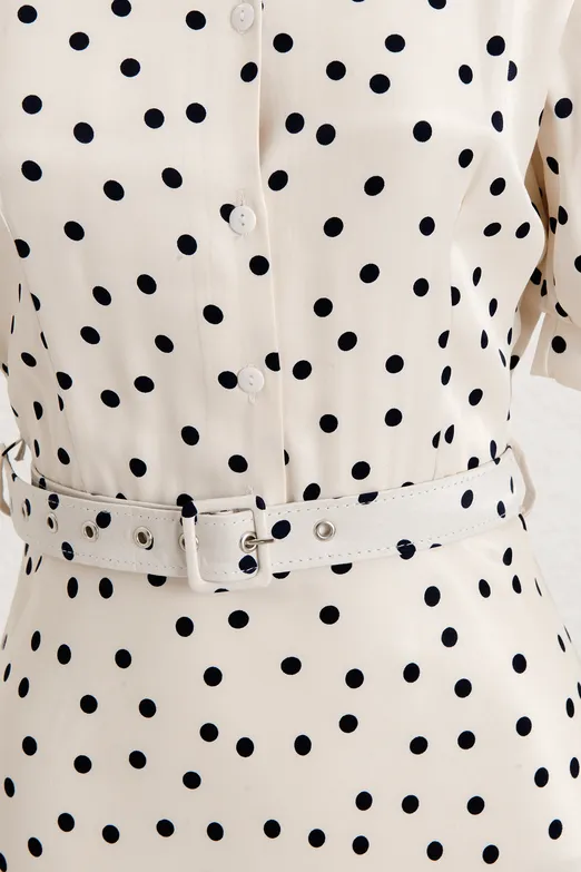 Bayan Ekru Volanlı Saten Midi Elbise - BSL