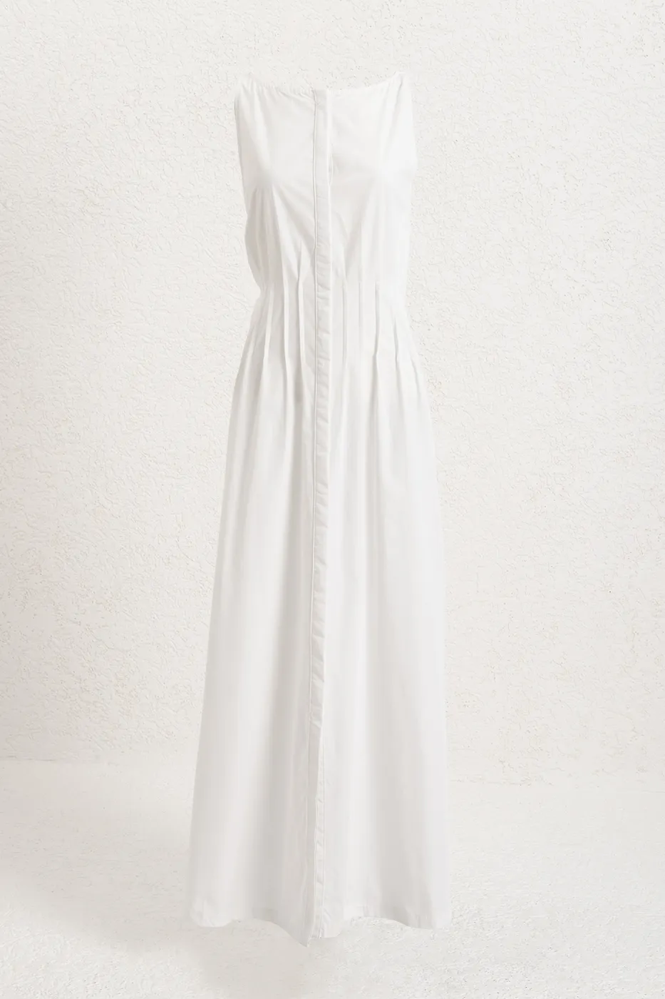 Bayan Beyaz %100 Cotton Nervür Dikiş Detaylı Maksi Elbise