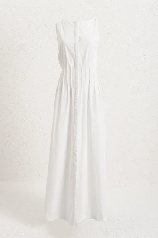 Bayan Beyaz %100 Cotton Nervür Dikiş Detaylı Maksi Elbise - BSL