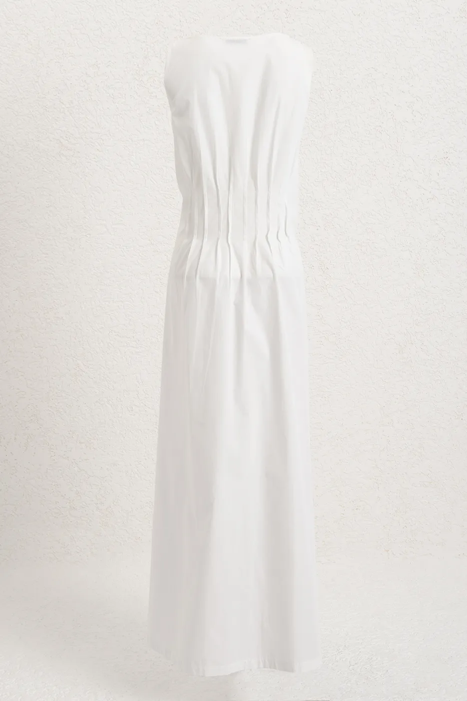 Bayan Beyaz %100 Cotton Nervür Dikiş Detaylı Maksi Elbise