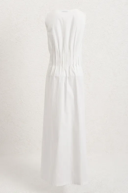 Bayan Beyaz %100 Cotton Nervür Dikiş Detaylı Maksi Elbise - BSL