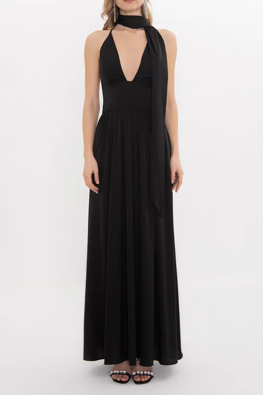 Bayan Siyah Askılı Fular Detaylı Maksi Saten Elbise - BSL