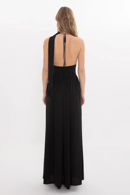 Bayan Siyah Askılı Fular Detaylı Maksi Saten Elbise - BSL