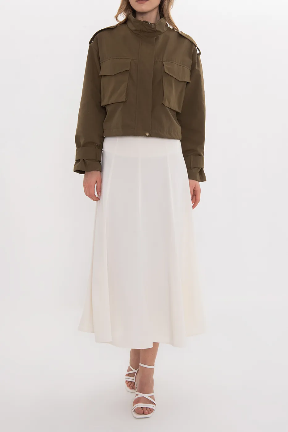 Bayan Ekru Parçalı Saten Midi Etek