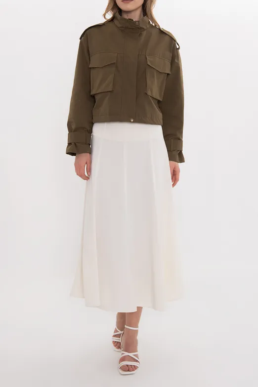 Bayan Ekru Parçalı Saten Midi Etek - BSL