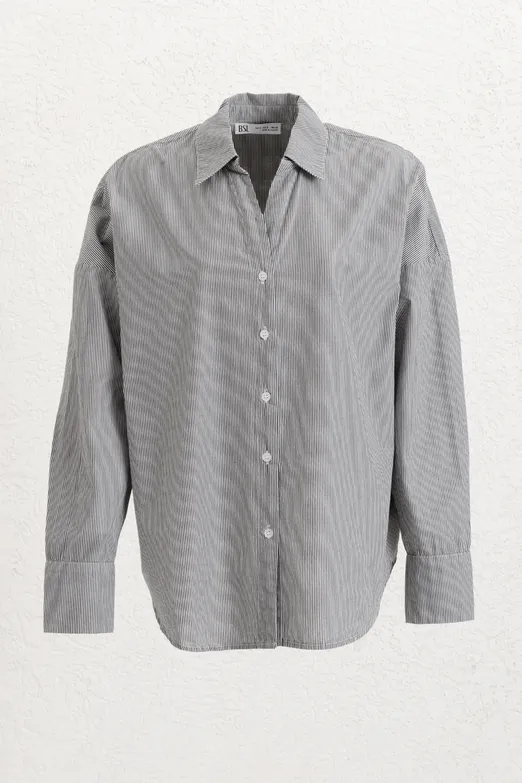 Bayan Siyah Oversize Çizgili Cotton Gömlek - BSL