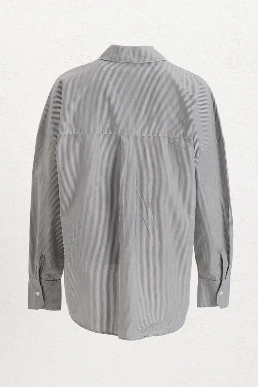 Bayan Siyah Oversize Çizgili Cotton Gömlek - BSL