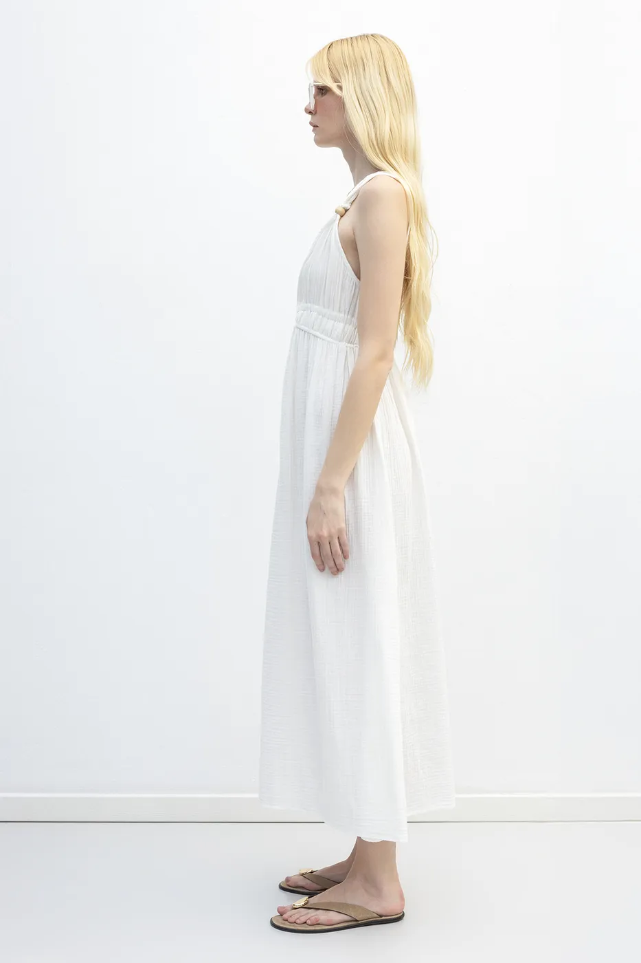 Bayan Beyaz Askılı V Yaka Cotton Midi Elbise