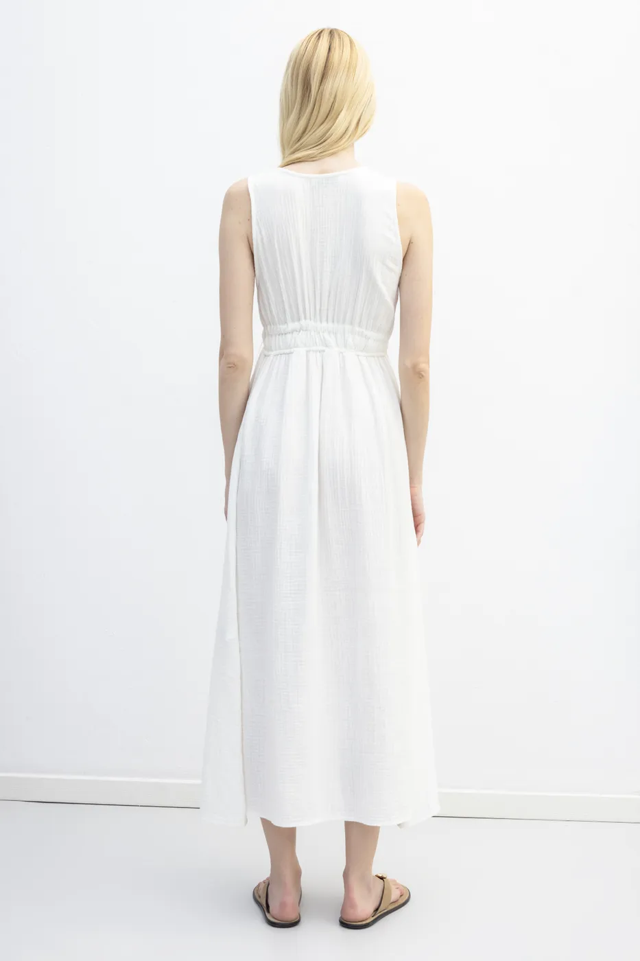 Bayan Beyaz Askılı V Yaka Cotton Midi Elbise