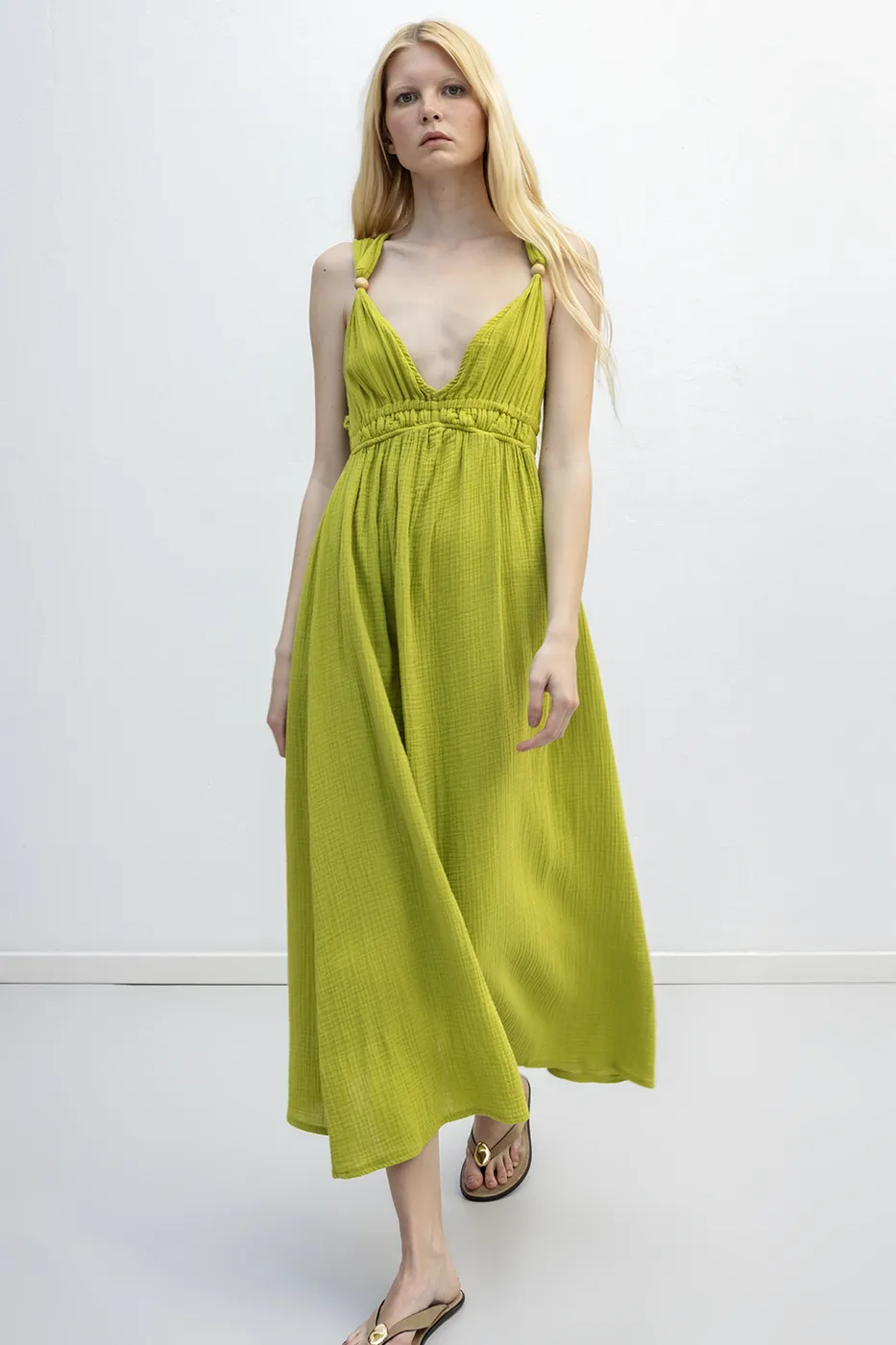 Bayan Yeşil Askılı V Yaka Cotton Midi Elbise