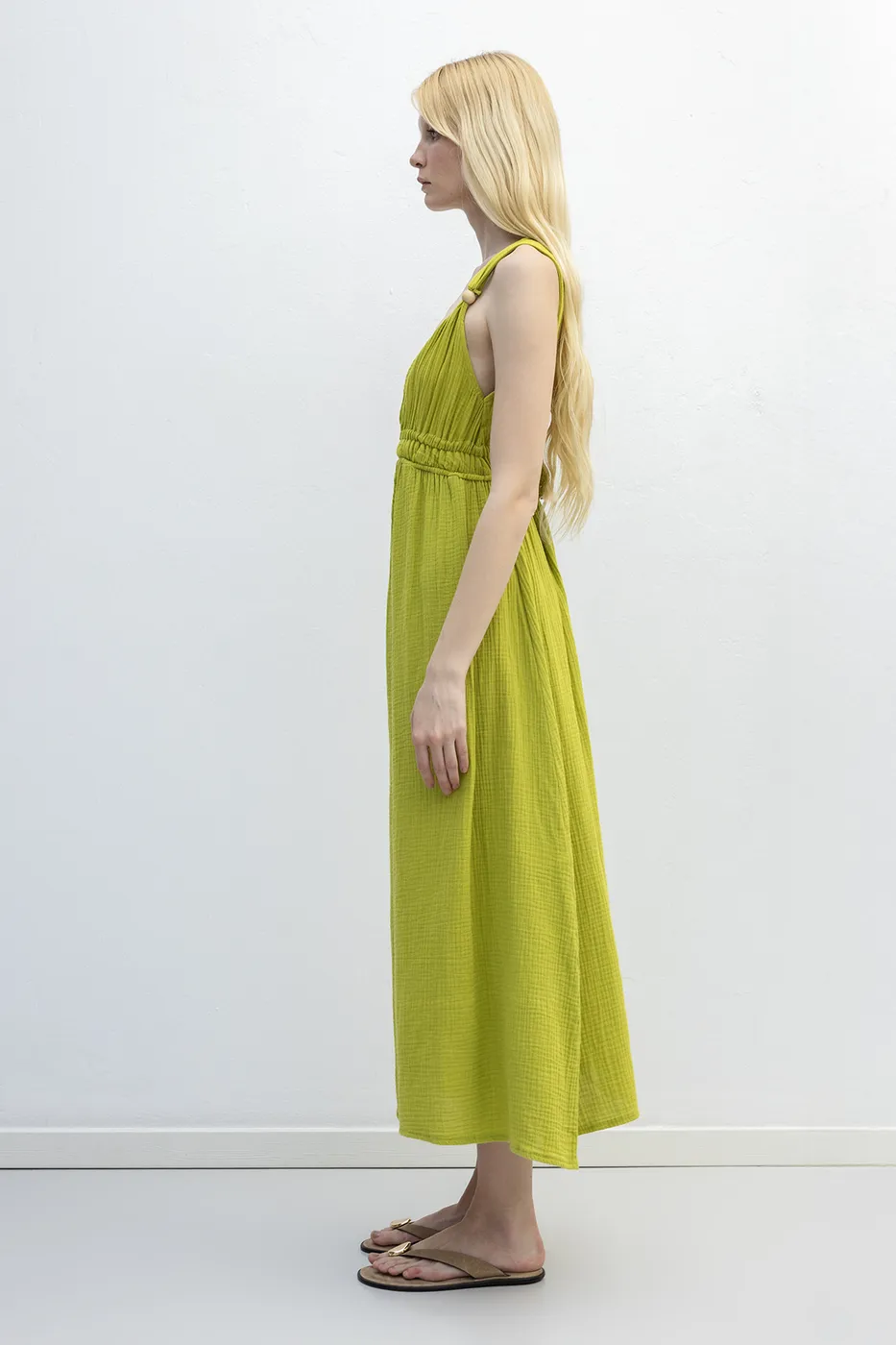 Bayan Yeşil Askılı V Yaka Cotton Midi Elbise