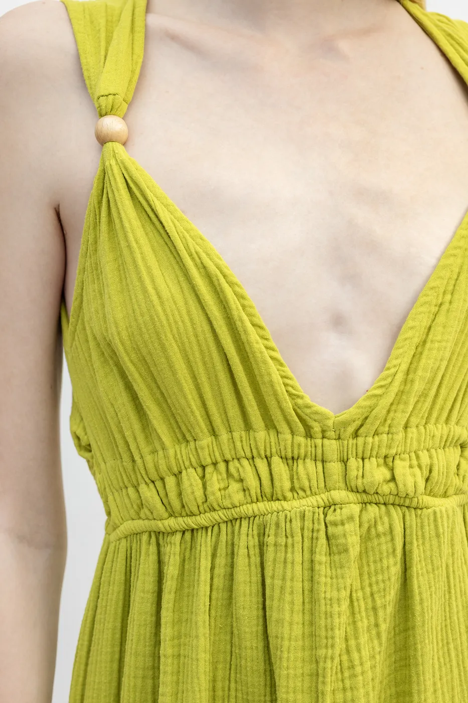 Bayan Yeşil Askılı V Yaka Cotton Midi Elbise