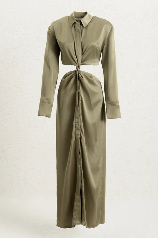 Bayan Yeşil Parçalı Saten Midi Gömlek Elbise - BSL