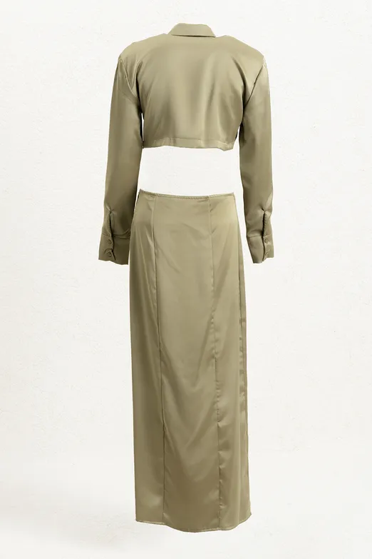 Bayan Yeşil Parçalı Saten Midi Gömlek Elbise - BSL