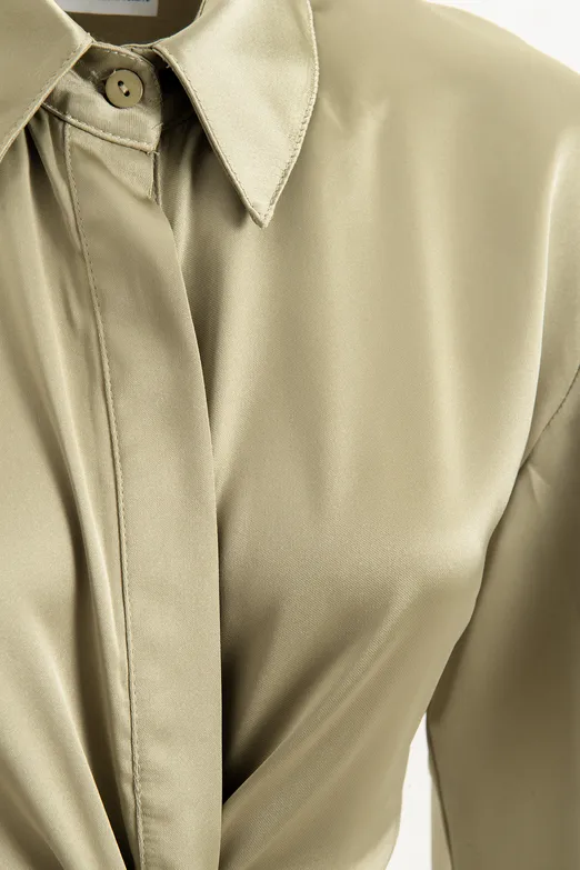 Bayan Yeşil Parçalı Saten Midi Gömlek Elbise - BSL