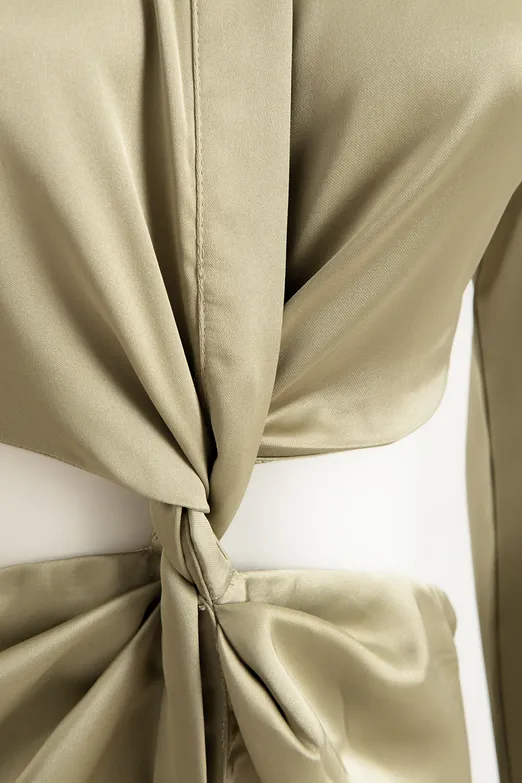 Bayan Yeşil Parçalı Saten Midi Gömlek Elbise - BSL