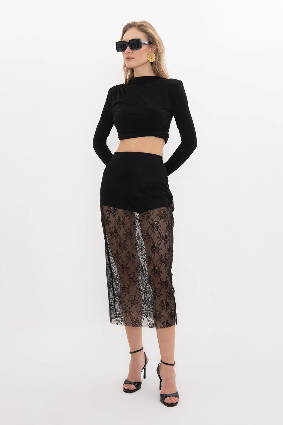 Bayan Siyah Dantel Midi Etek