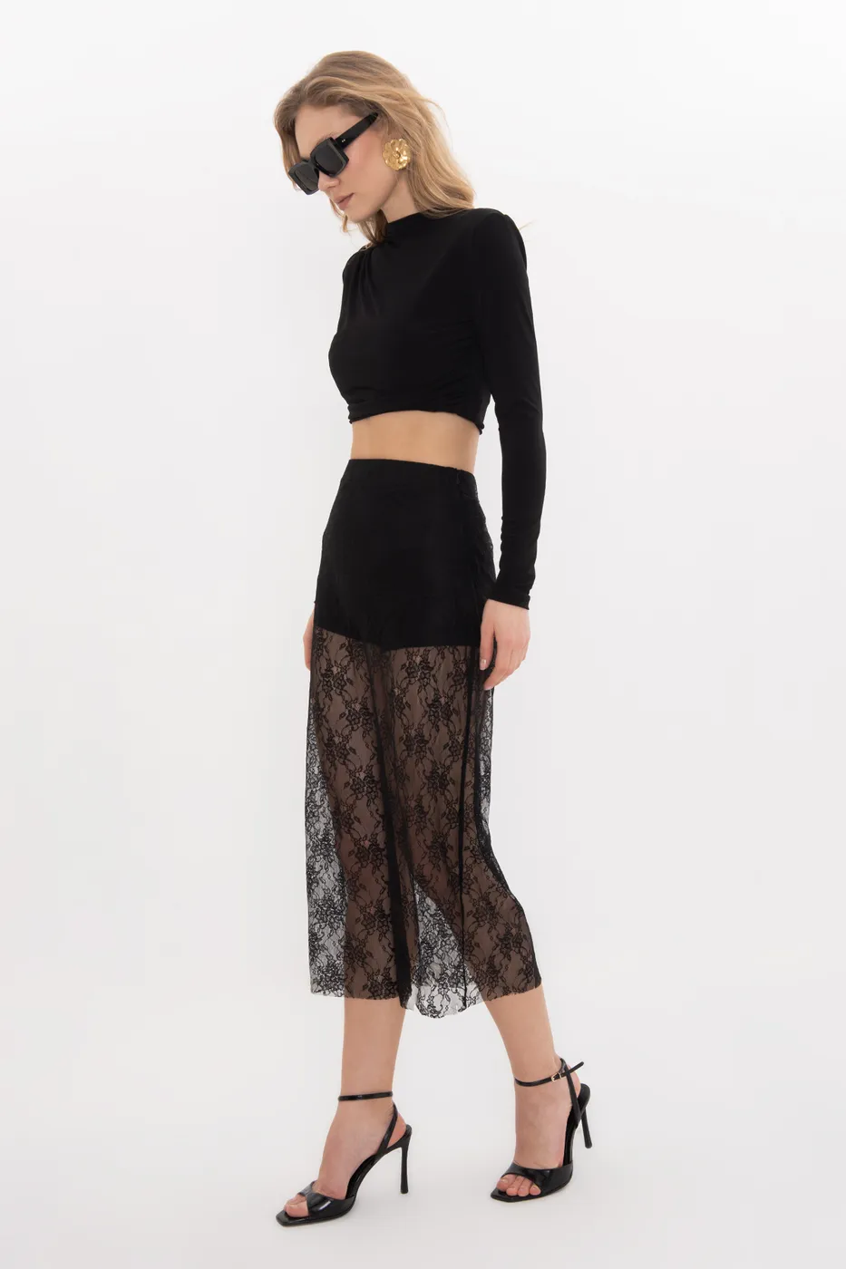 Bayan Siyah Dantel Midi Etek