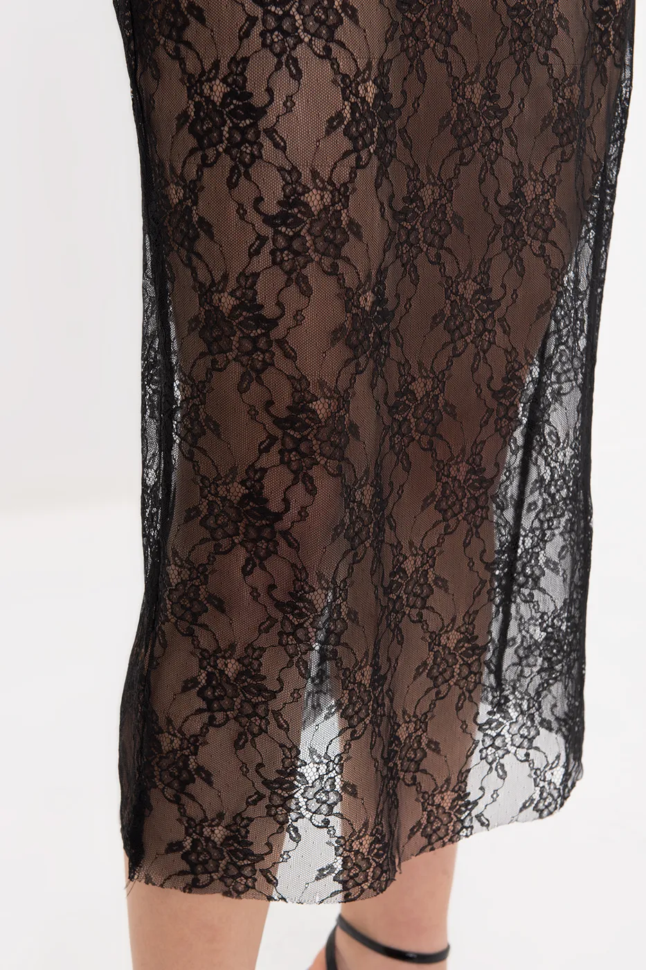 Bayan Siyah Dantel Midi Etek