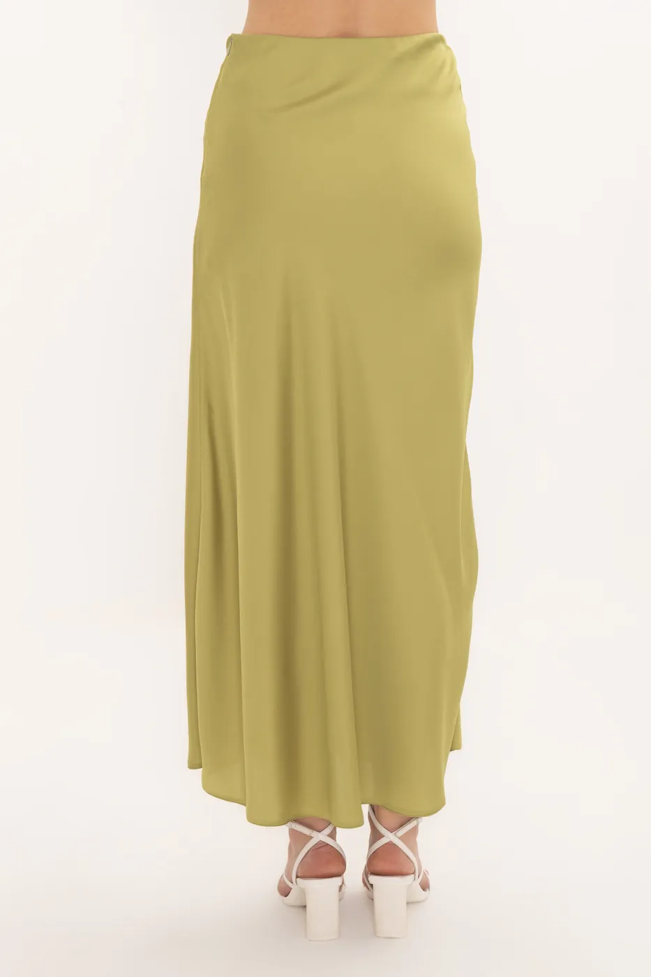 Bayan Yeşil Volanlı Saten Midi Etek