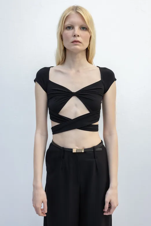 Bayan Siyah Bağlamalı Crop Top - BSL