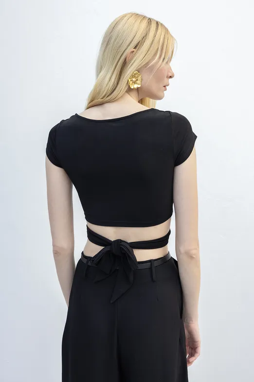 Bayan Siyah Bağlamalı Crop Top - BSL