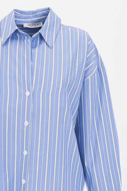 Bayan Mavi Oversize Çizgili Poplin Gömlek - BSL
