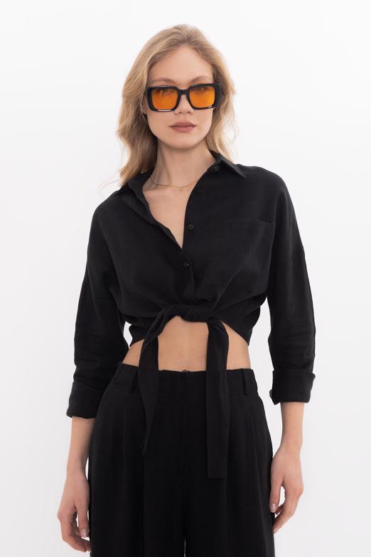 Bayan  %100 Keten  Bağlamalı Crop Gömlek