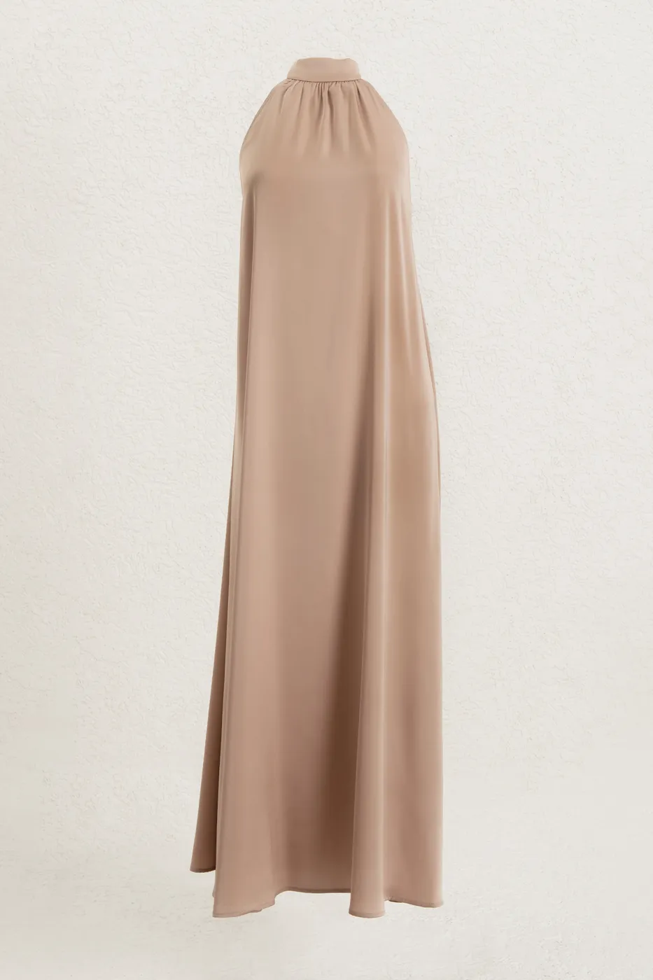 Bayan Bej Dik Yakalı Oversize Saten Midi Elbise