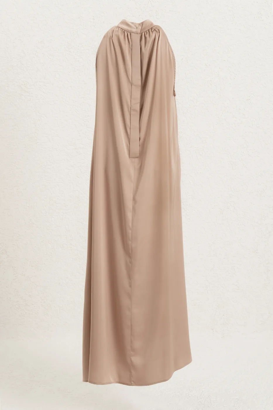 Bayan Bej Dik Yakalı Oversize Saten Midi Elbise