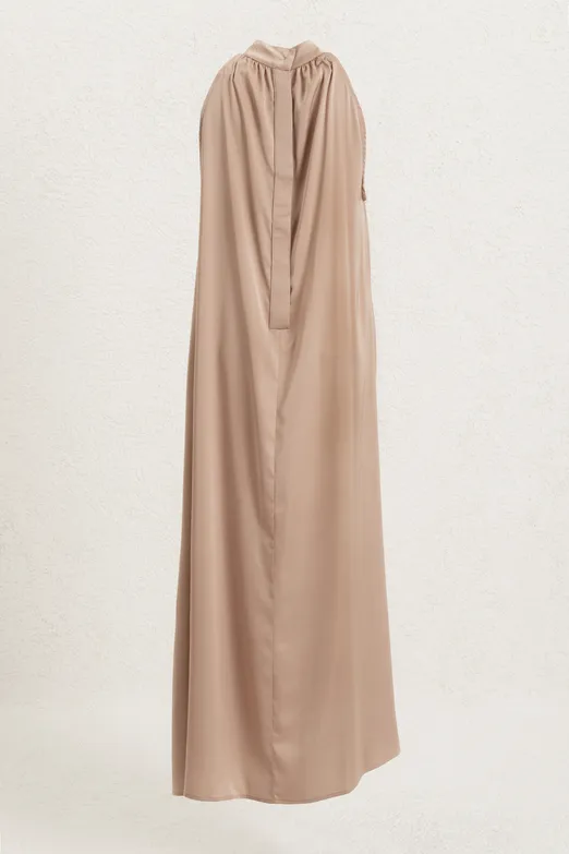 Bayan Bej Dik Yakalı Oversize Saten Midi Elbise - BSL