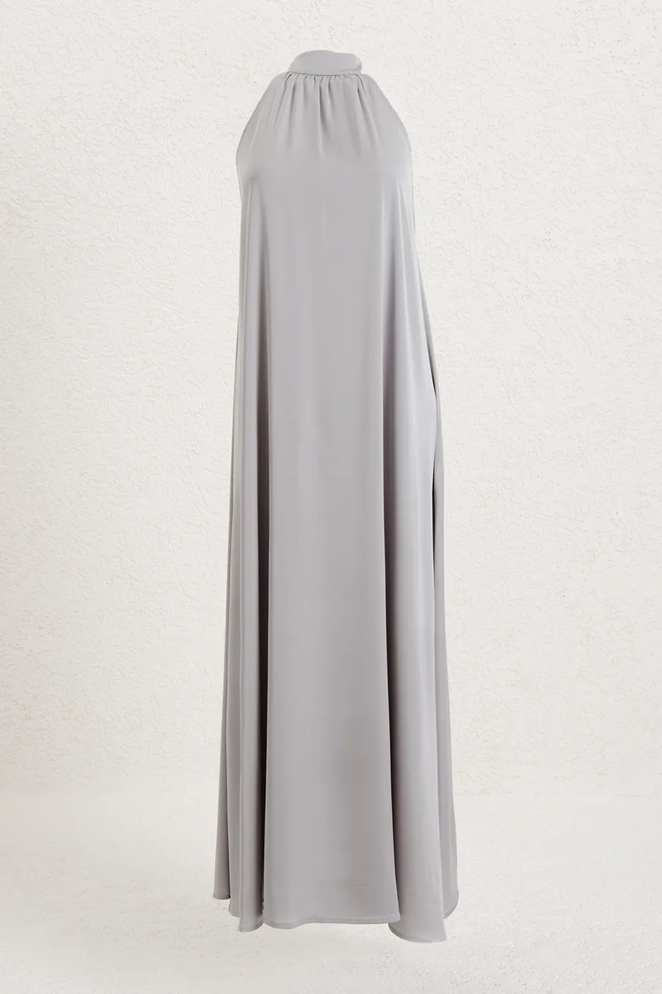 Bayan Gri Dik Yakalı Oversize Saten Midi Elbise