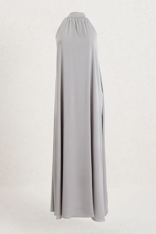 Bayan Gri Dik Yakalı Oversize Saten Midi Elbise - BSL