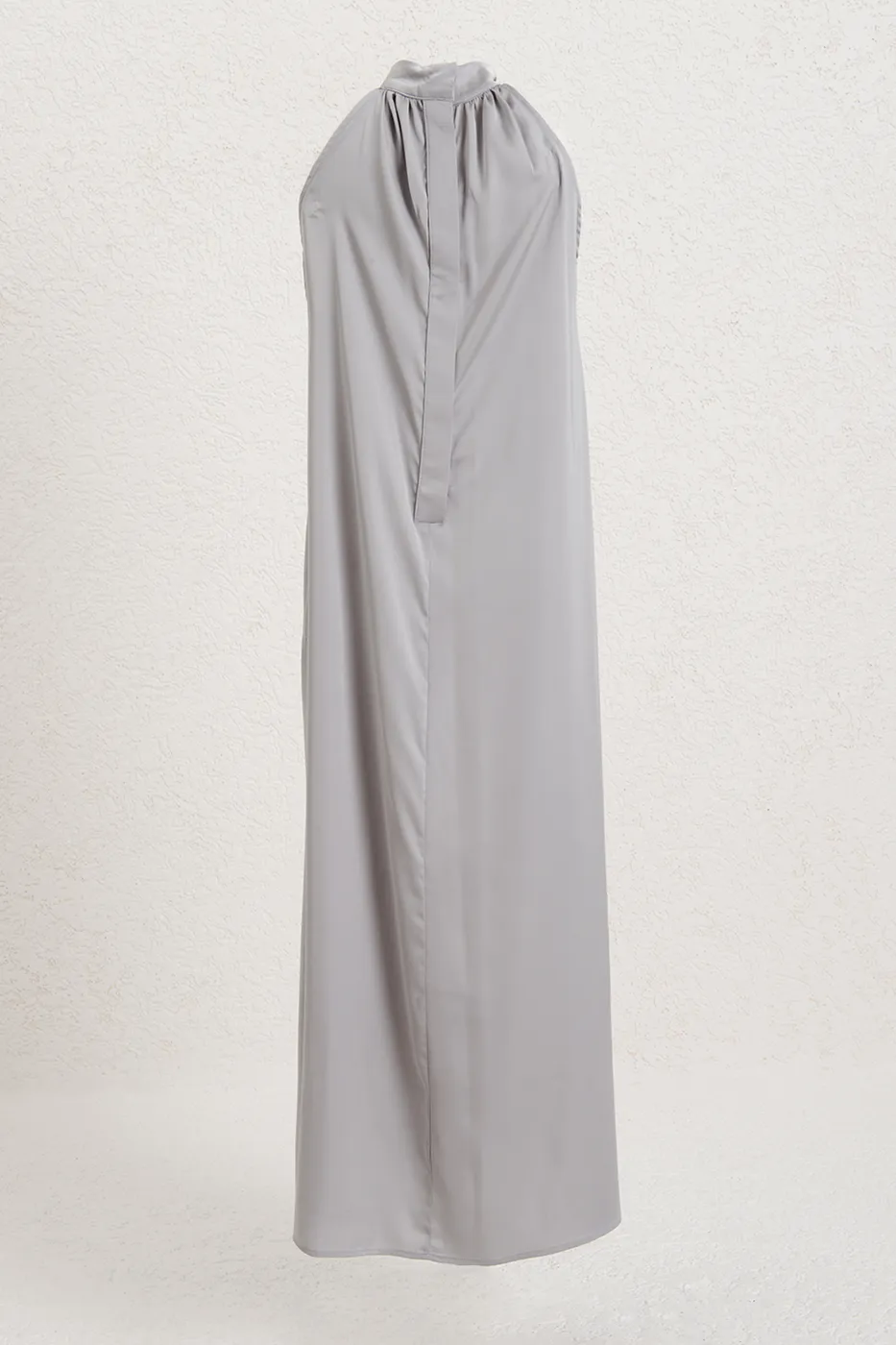 Bayan Gri Dik Yakalı Oversize Saten Midi Elbise