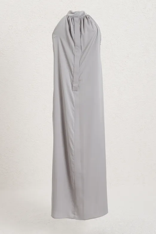 Bayan Gri Dik Yakalı Oversize Saten Midi Elbise - BSL