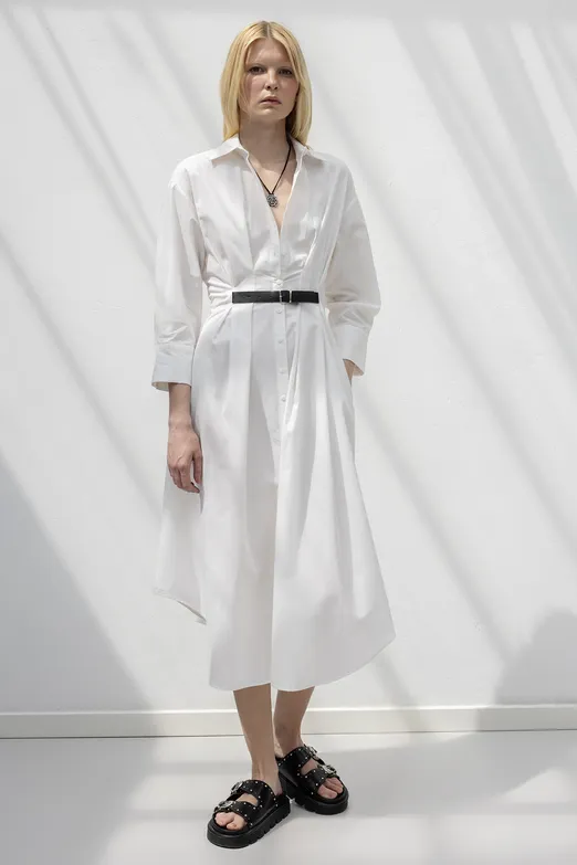 Bayan Beyaz Kemerli Midi Gömlek Elbise - BSL