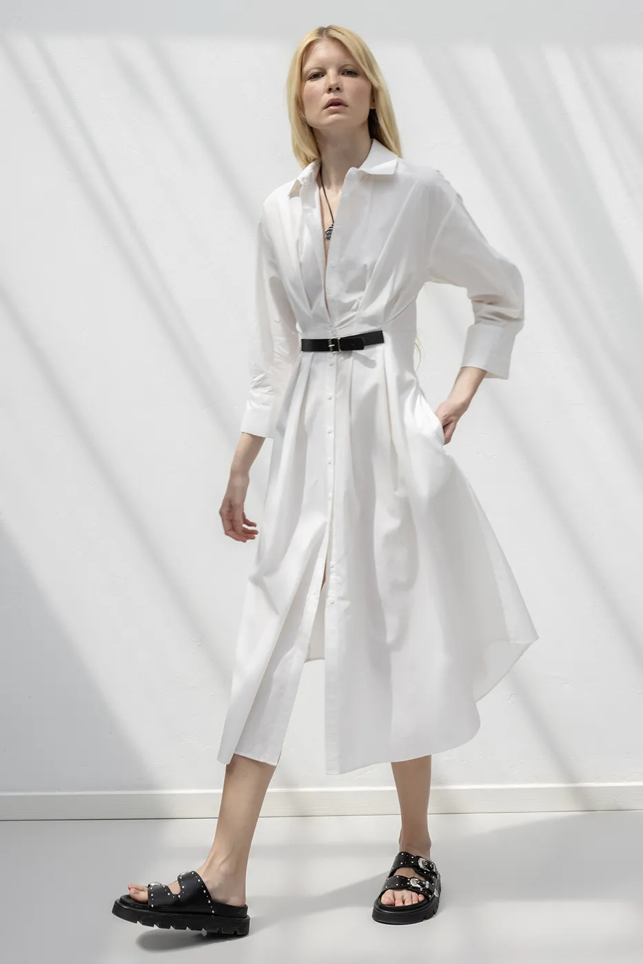 Bayan Beyaz Kemerli Midi Gömlek Elbise