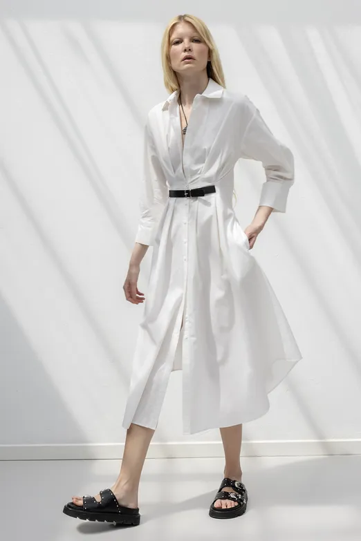 Bayan Beyaz Kemerli Midi Gömlek Elbise - BSL