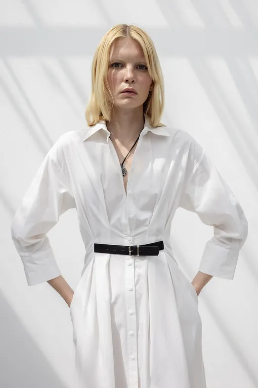 Bayan Beyaz Kemerli Midi Gömlek Elbise - BSL