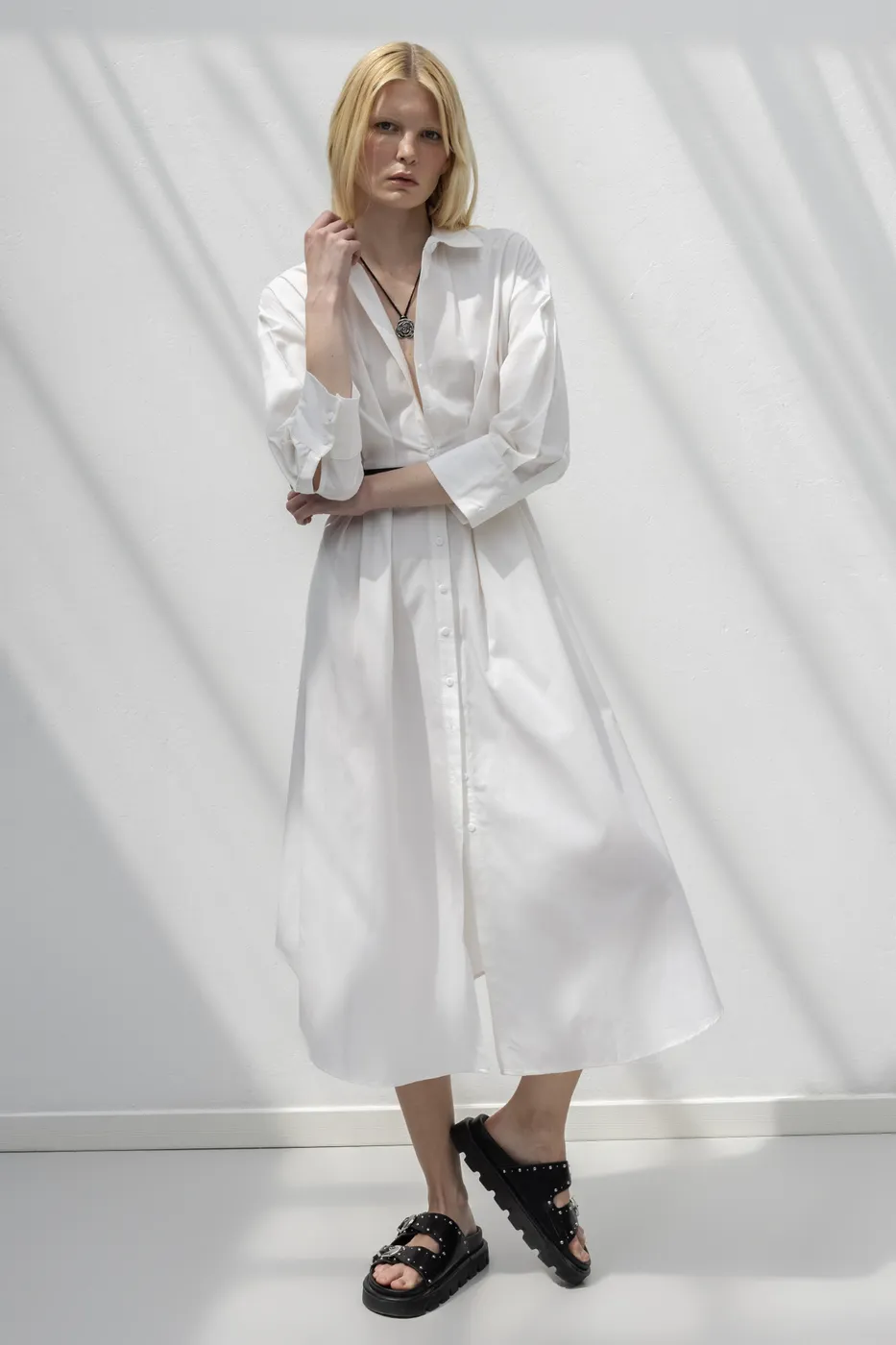 Bayan Beyaz Kemerli Midi Gömlek Elbise