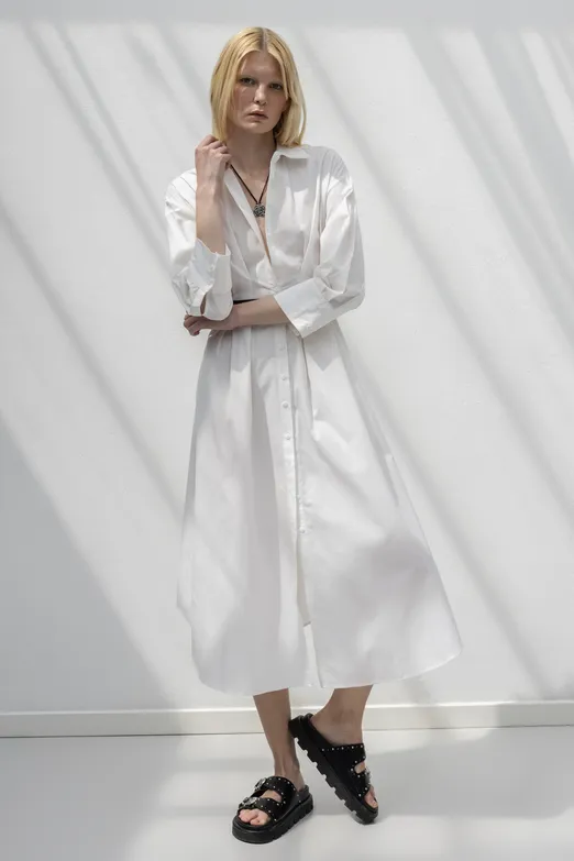 Bayan Beyaz Kemerli Midi Gömlek Elbise - BSL