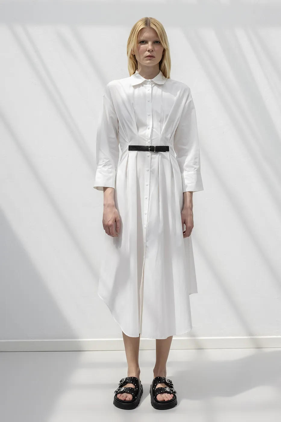 Bayan Beyaz Kemerli Midi Gömlek Elbise