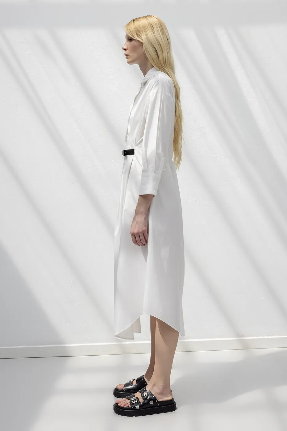 Bayan Beyaz Kemerli Midi Gömlek Elbise