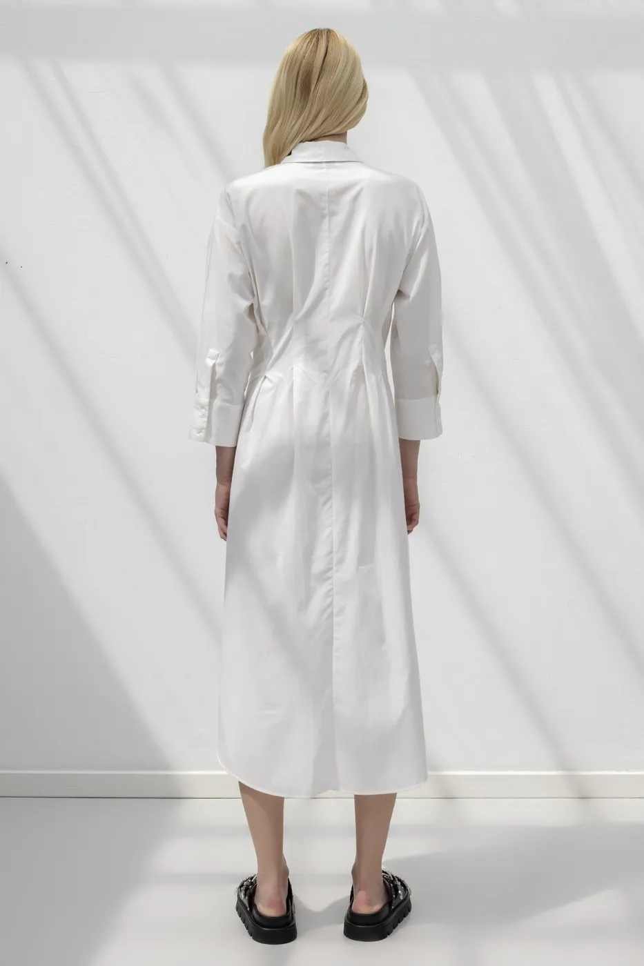 Bayan Beyaz Kemerli Midi Gömlek Elbise