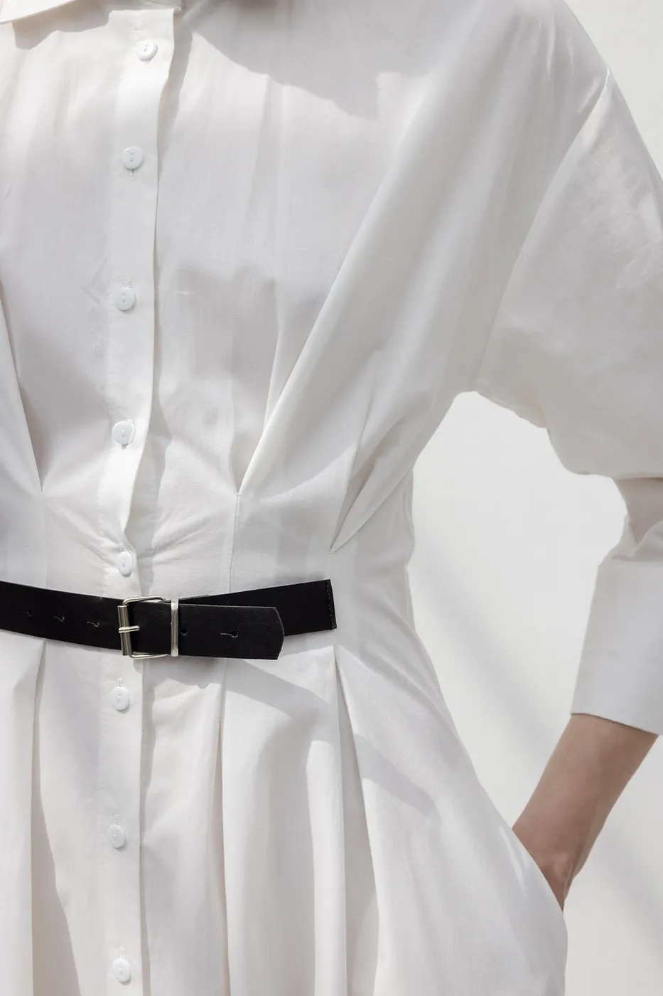 Bayan Beyaz Kemerli Midi Gömlek Elbise