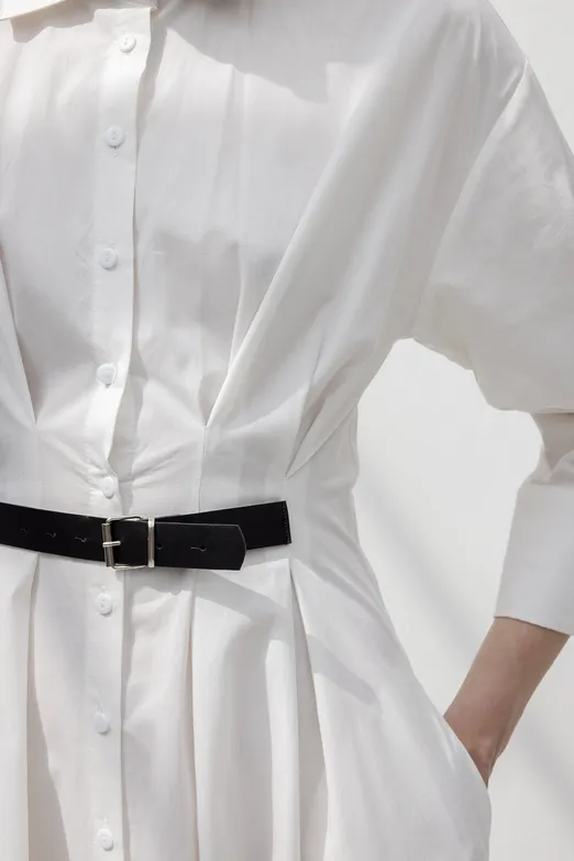 Bayan Beyaz Kemerli Midi Gömlek Elbise - BSL