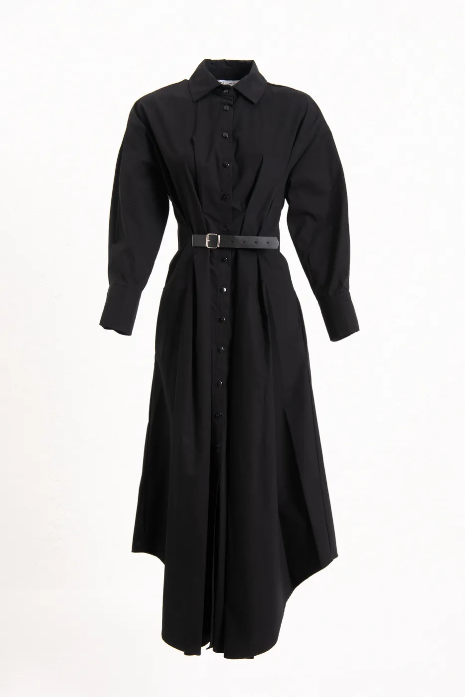 Bayan Siyah Kemerli Midi Gömlek Elbise