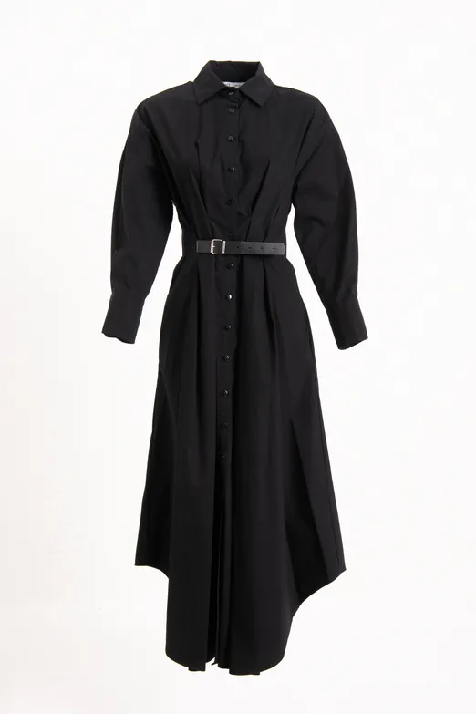 Bayan Siyah Kemerli Midi Gömlek Elbise - BSL