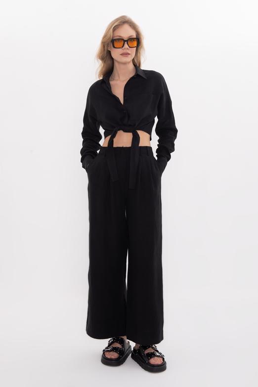 Bayan  Pile Detaylı %100 Keten Bol Pantolon